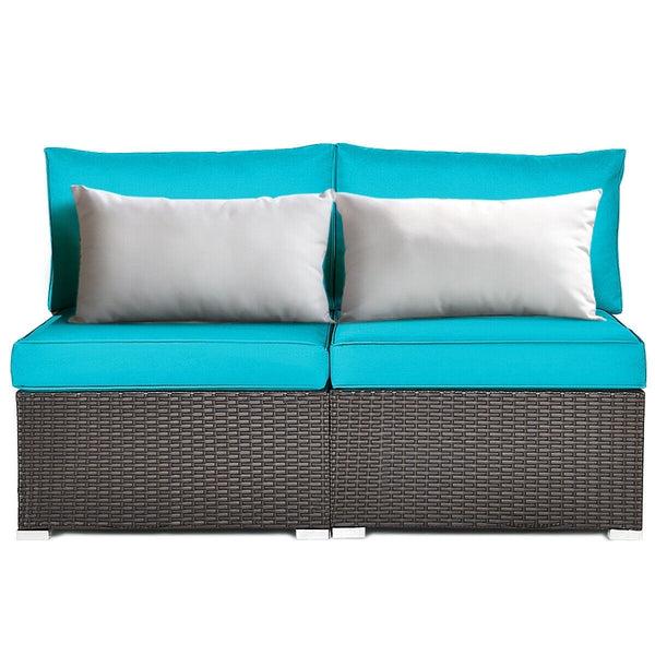 2pc Wicker Rattan Patio Armless Sofa with Cushion - Blue