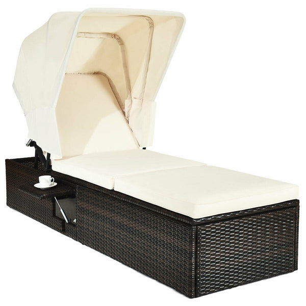 Outdoor Chaise Lounge Chair with Folding Canopy - White
