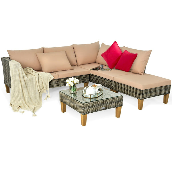 4pc Wicker Rattan Patio Furniture Set Cushioned Loveseat - Brown