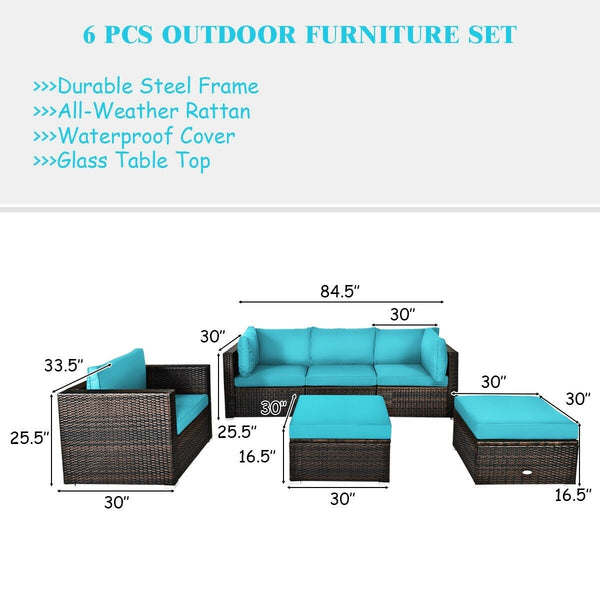 6pc Wicker Rattan Patio Sectional Cushion Furniture Set - Turquoise