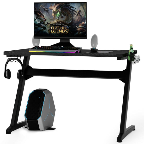 Z Shaped Computer Gaming Desk with Headphone Holder - Black