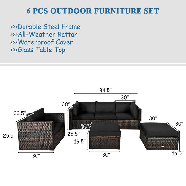 6pc Wicker Rattan Patio Sectional Cushion Furniture Set - Black