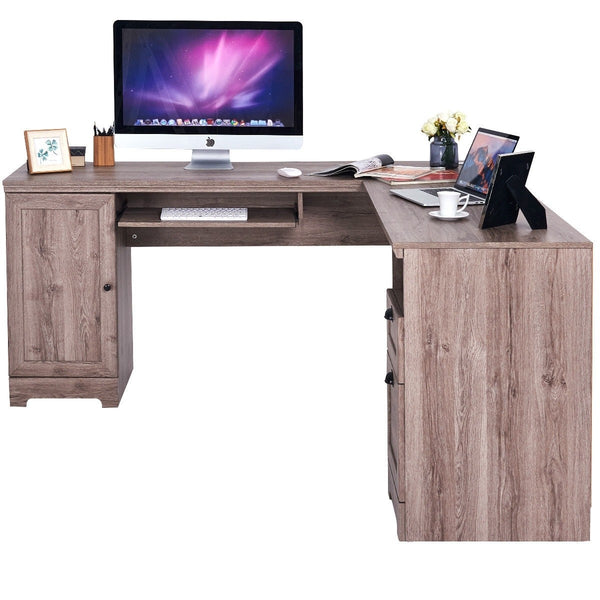 L Shaped Computer Writing Desk with Drawers - Brown