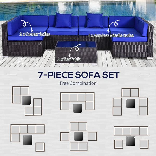 7pc Wicker Patio Furniture Sectional Sofa Set with Cushions - Blue
