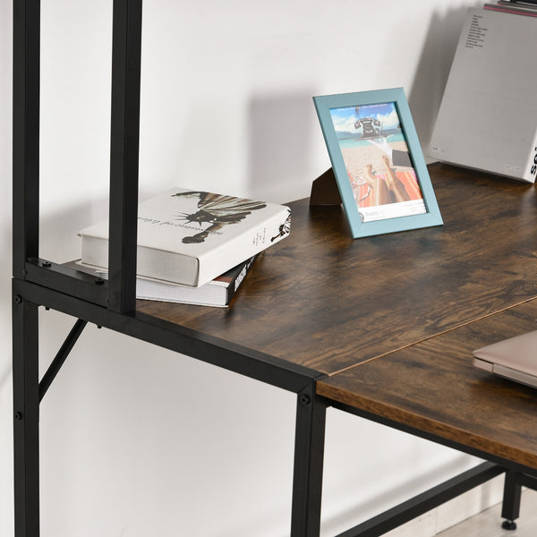 L-Shaped Computer Writing Desk with Storage Shelves - Brown
