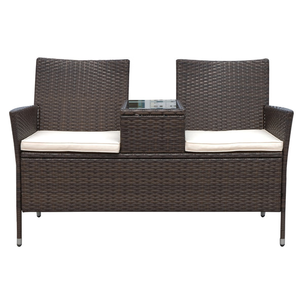 2 Seat Wicker Rattan Patio Bench with Tea Table - Brown and Cream