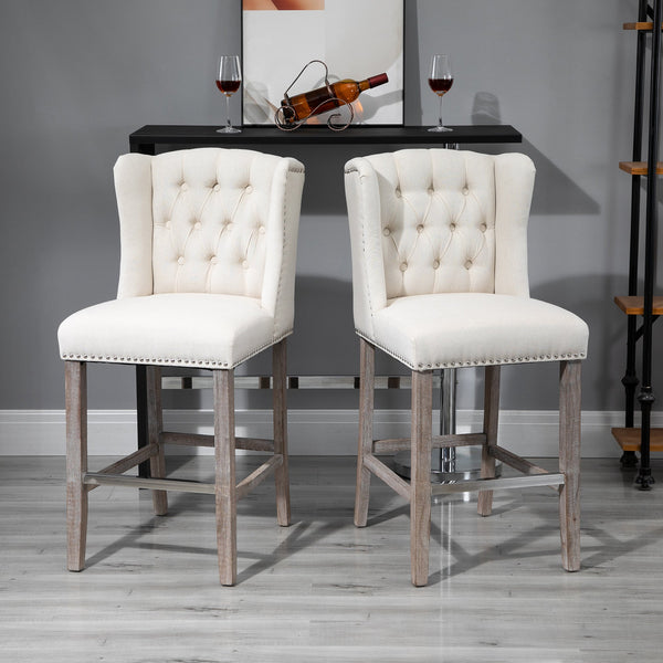 Traditional Beige Button Tufted Bar Stool Counter Height Dining Chairs - Set of 2