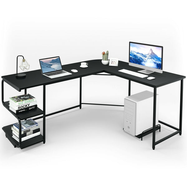 Reversible L Shaped Computer Writing Desk with Shelves - Black
