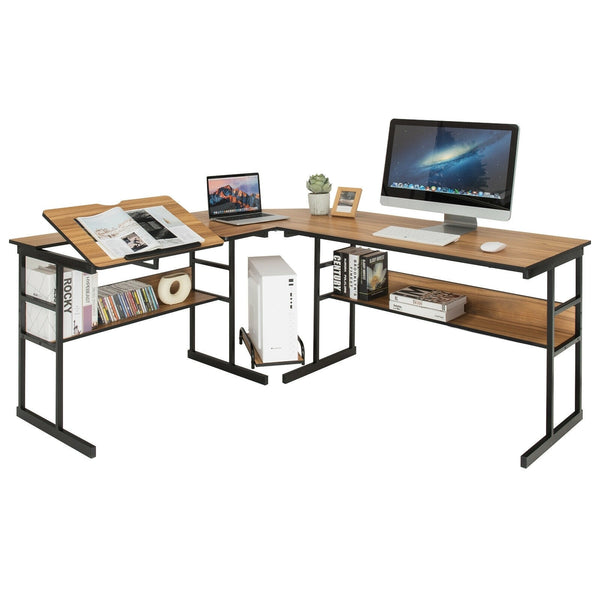 L-Shaped Computer Desk with Tiltable Tabletop - Walnut