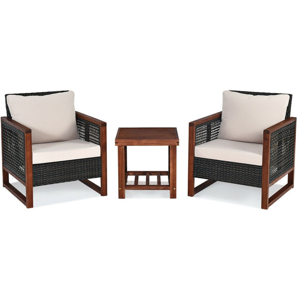 3pc Wicker Rattan Patio Furniture Set with Wooden Frame - Beige