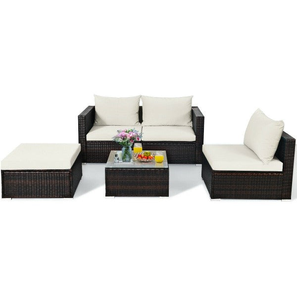 5pc Wicker Rattan Sectional Patio Set with Cushions and Coffee Table - White