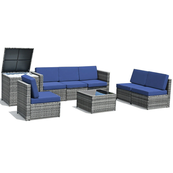 8pc Wicker Rattan Dining Set Patio Furniture with Storage Table - Navy