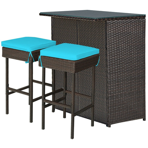 3pc Patio Rattan Bar Table Dining Set - Turquoise
