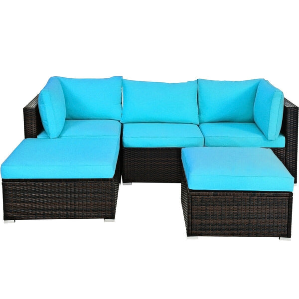 5pc Wicker Rattan Patio Sofa Set with Cushion and Ottoman - Turquoise