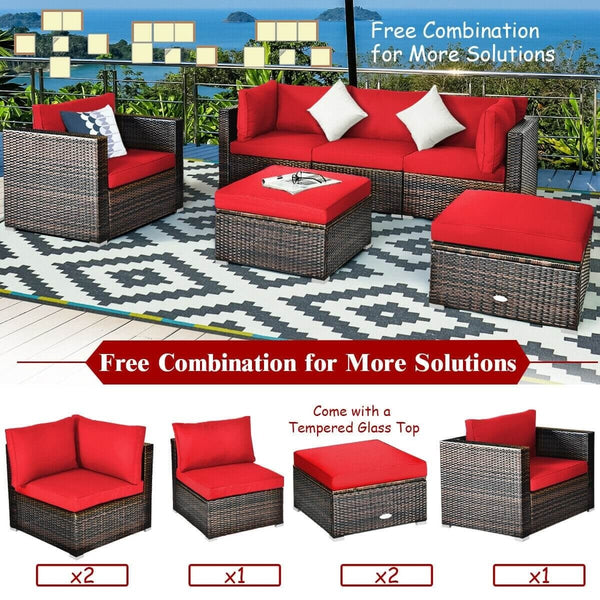 6pc Wicker Rattan Patio Sectional Cushion Furniture Set - Red