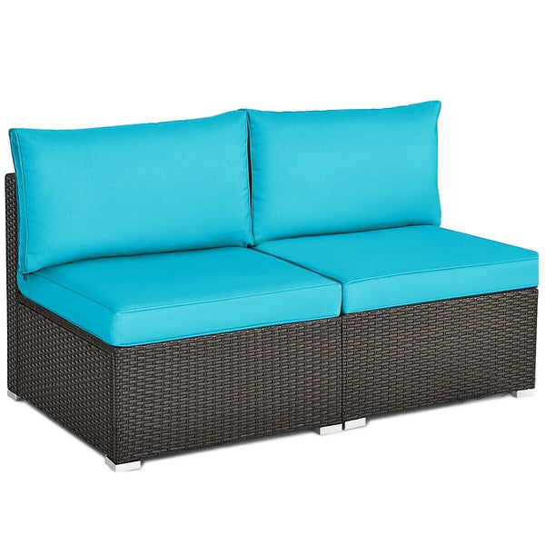 2pc Wicker Rattan Patio Armless Sofa with Cushion - Blue