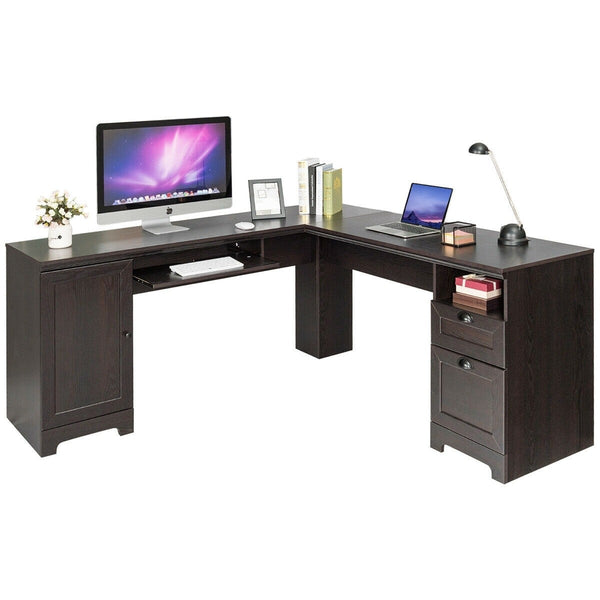 L Shaped Computer Writing Desk with Drawers - Coffee