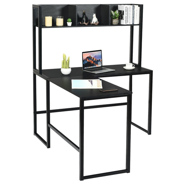 L-Shaped Computer Writing Desk with Bookshelf - Black