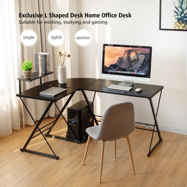 L-Shaped Computer Gaming Desk with Monitor Stand - Black
