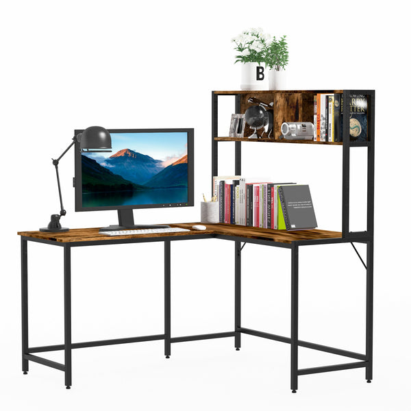 L-Shaped Computer Writing Desk with Storage Shelves - Brown