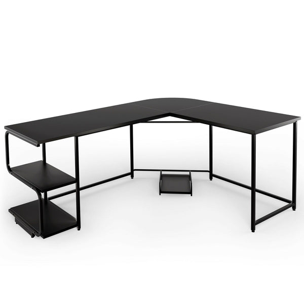 Reversible L Shaped Computer Writing Desk with Shelves - Black
