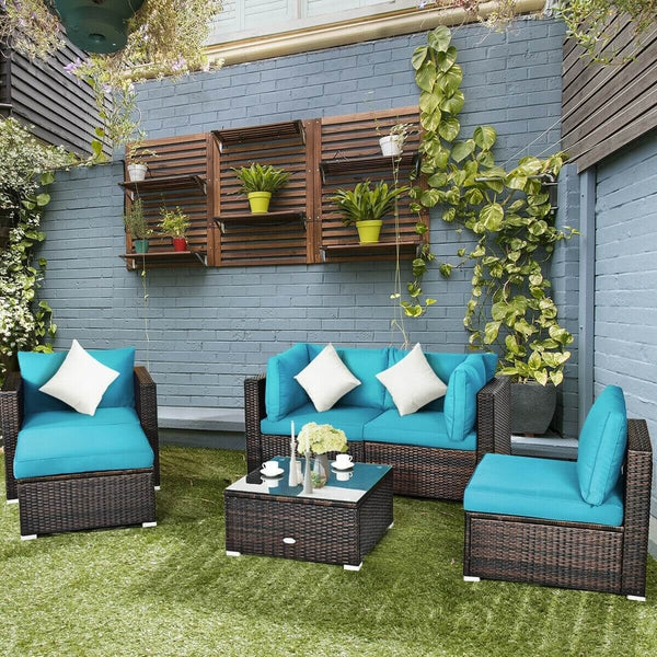 6pc Wicker Rattan Patio Sectional Cushion Furniture Set - Turquoise