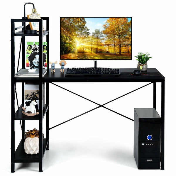 Computer Writing Desk with 4 Tier Shelf - Black