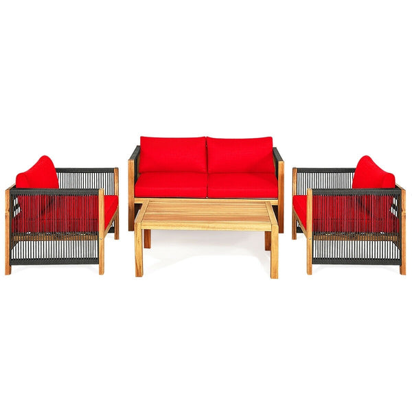 4pc Acacia Wood Outdoor Patio Furniture Set with Cushions - Red