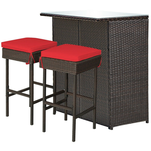 3pc Patio Rattan Bar Table Dining Set - Red