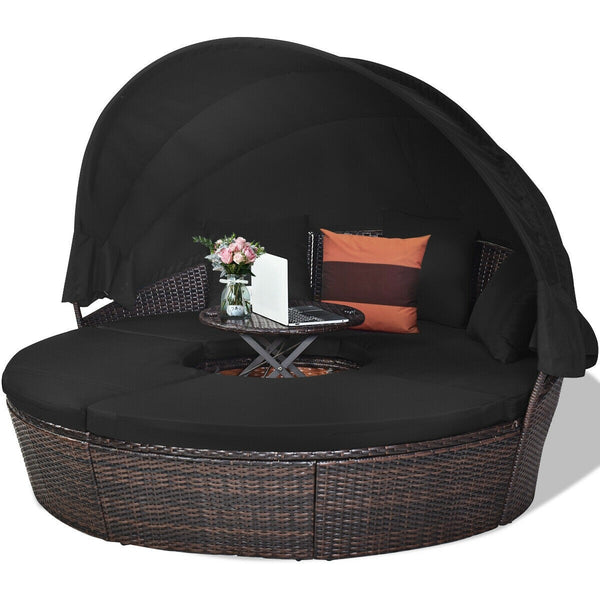 Outdoor Wicker Rattan Round Daybed with Retractable Canopy - Black