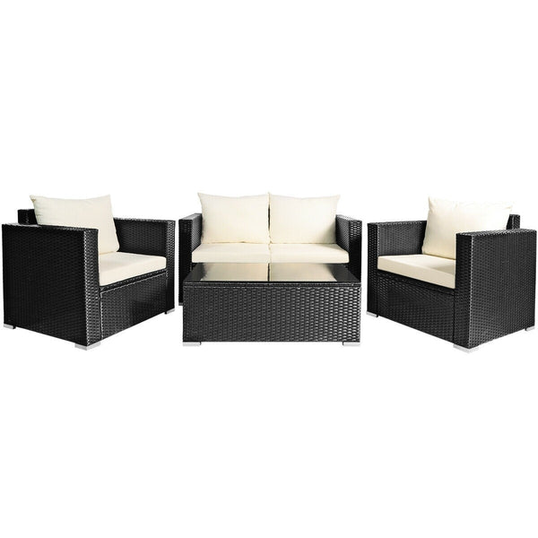 4pc Outdoor Wicker Rattan Cushioned Furniture Set - White