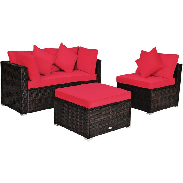 4pc Wicker Rattan Patio Cushioned Sofa Set - Red