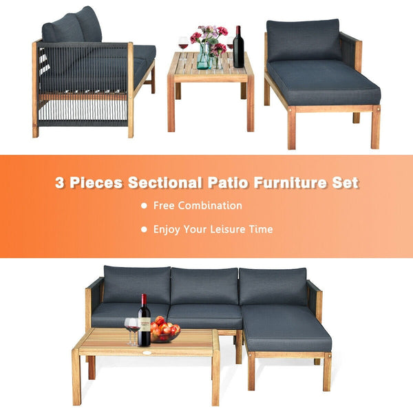 3pc Acacia Wood Sofa Set with Nylon Armrest - Grey