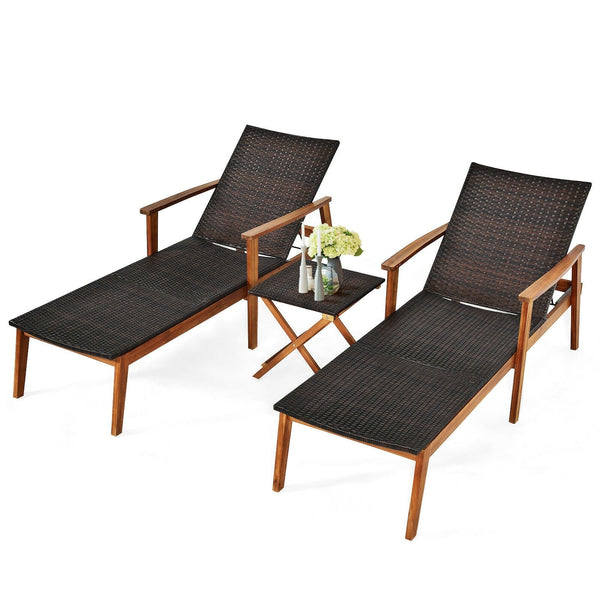 3pc Patio Wooden Frame Rattan Lounge Chair - Brown