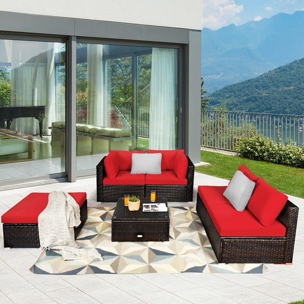6pc Outdoor Patio Rattan Furniture Set - Red