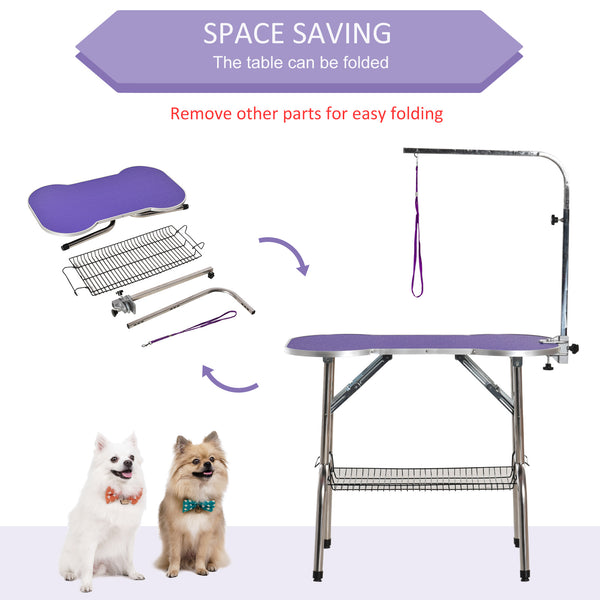 Foldable Pet Grooming Table with Adjustable Arm - Purple