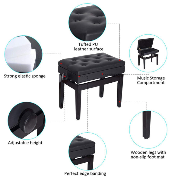 25" Adjustable Padded Piano Bench w/ Music Storage - Black