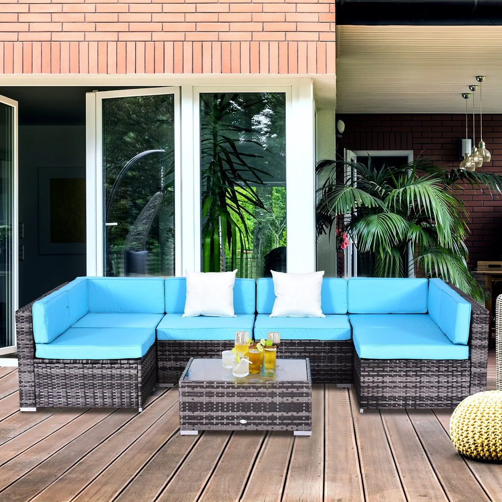 7pc Wicker Patio Furniture Sectional Sofa Set with Cushions - Aqua
