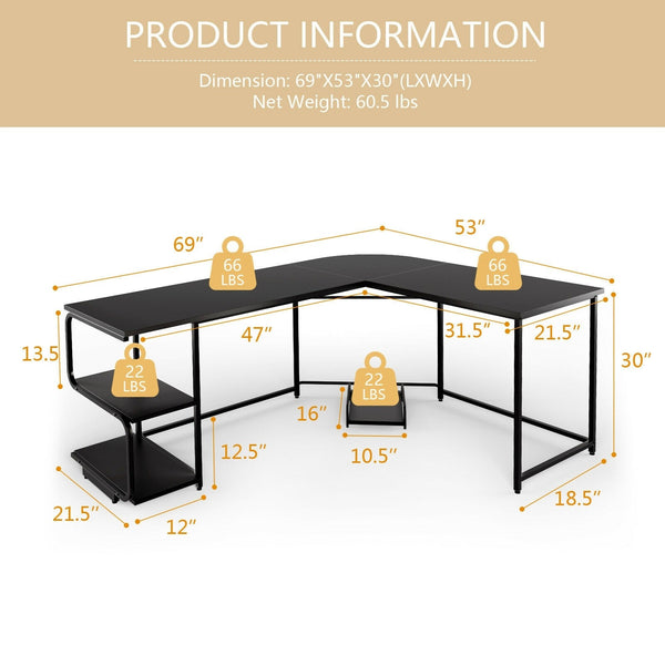 Reversible L Shaped Computer Writing Desk with Shelves - Black