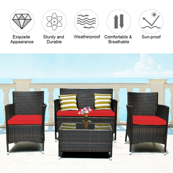 4pc Wicker Rattan Patio Conversation Furniture Set with Glass Table - Red