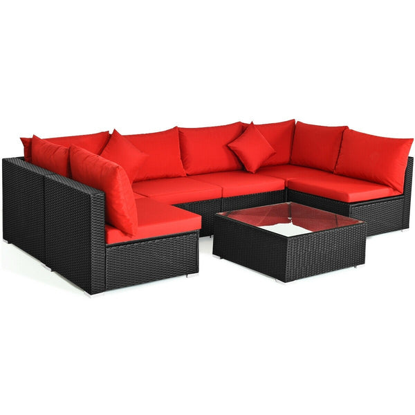 7pc Wicker Rattan Sectional Sofa Set with Cushions - Red