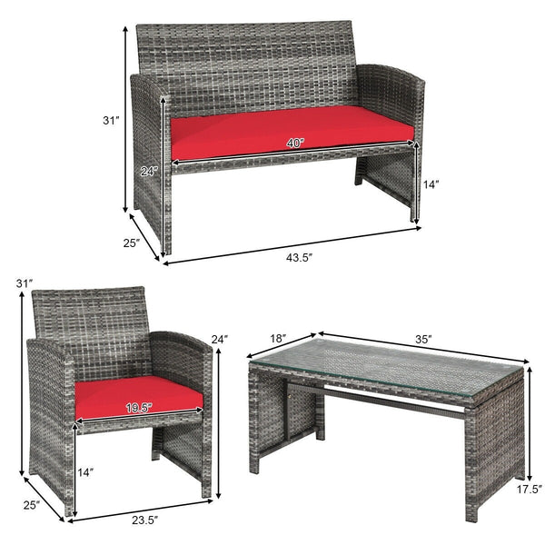 4pc Patio Rattan Furniture Set - Red