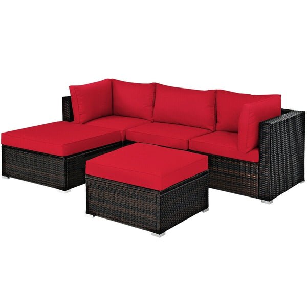 5pc Wicker Rattan Patio Sofa Set with Cushion and Ottoman - Red