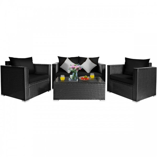 4pc Outdoor Wicker Rattan Cushioned Furniture Set - Black