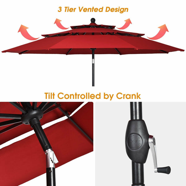 10ft 3 Tier Outdoor Patio Umbrella - Burgundy