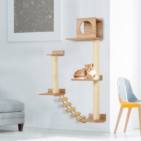 Wall Mounted Multilevel Cat Tree Activity Center with Scratching Posts - Yellow