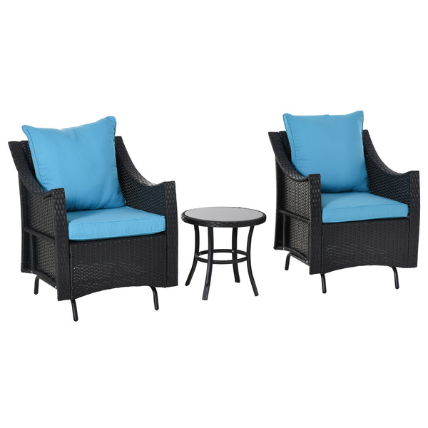 3pc Wicker Rattan Patio Glider Chair Furniture Set - Blue