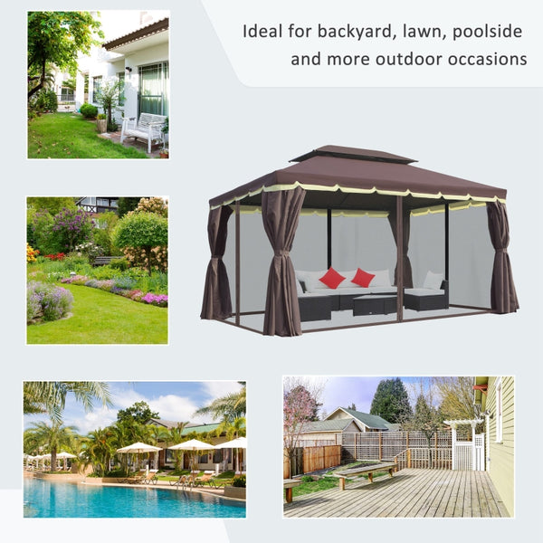 10x13 ft Double Top Canopy Gazebo with Mesh Netting - Coffee