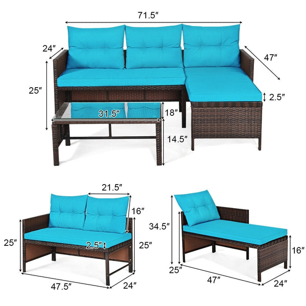 3pc Wicker Rattan Outdoor Patio Sofa Set - Turquoise