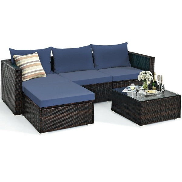 5pc Wicker Rattan Sectional Patio Set with Cushions and Coffee Table - Navy